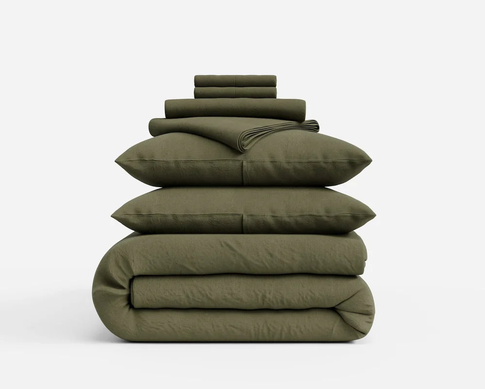 Evergreen Queen Linen Bedding (Sheets & Duvet Set)